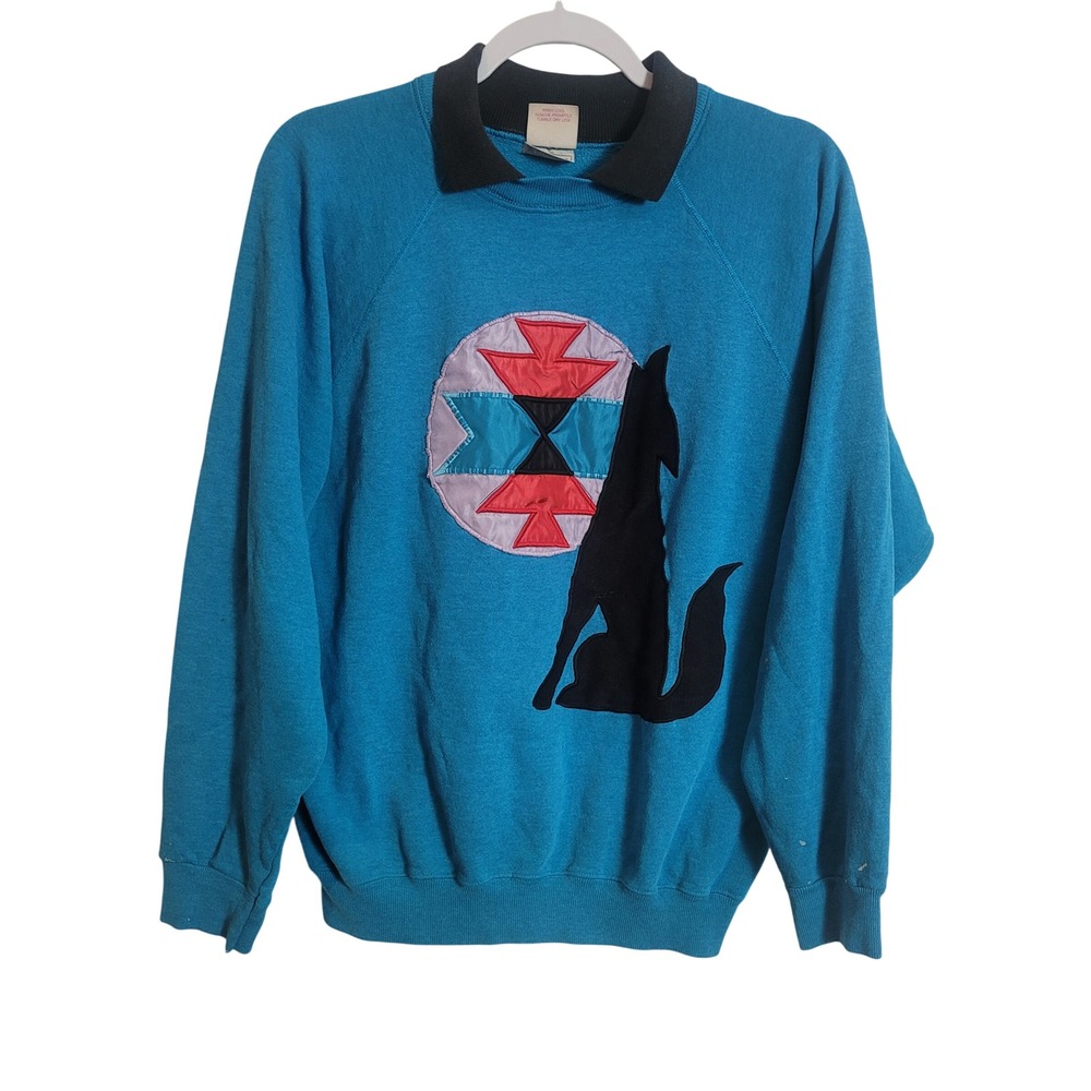 Vintage Hanes Wolf Southwestern Applique Sweatshirt Turquoise Blue XL USA Made